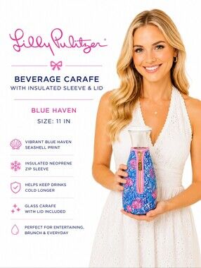 Lilly Pulitzer Blue Haven Glass Beverage Carafe w/ Insulated Zip Sleeve & Lid